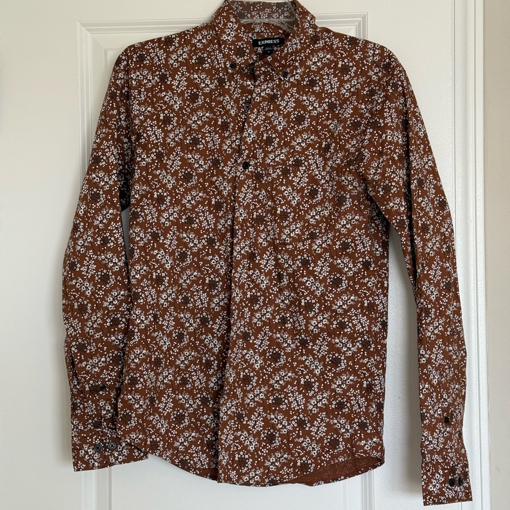 Express Brown Shirt with White Floral Design
